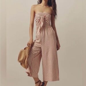 Bishop + Young Textured Gray, white, and blue strapless jumpsuit!